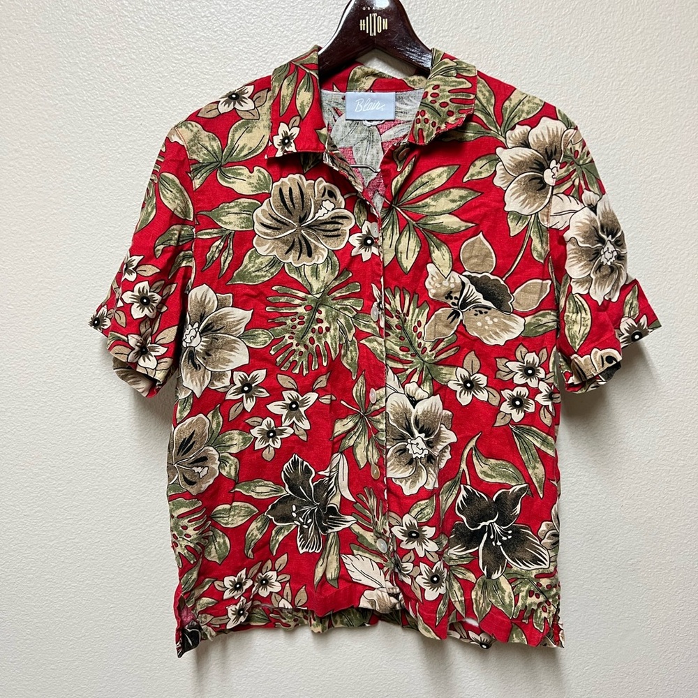 Blair Red brown Floral Linen Short Sleeve Button Up Top Women’s Small